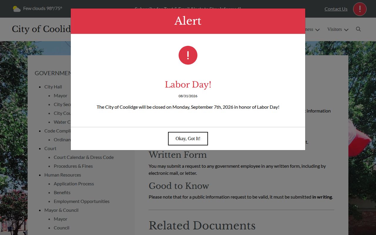 Official City of Coolidge public information request webpage