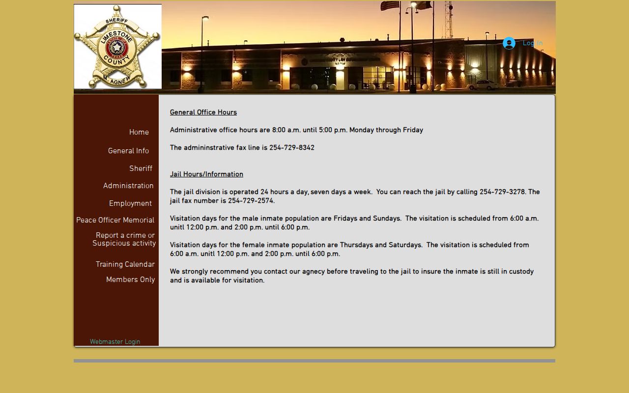 Limestone County jail telephone information for booking and custody record verification